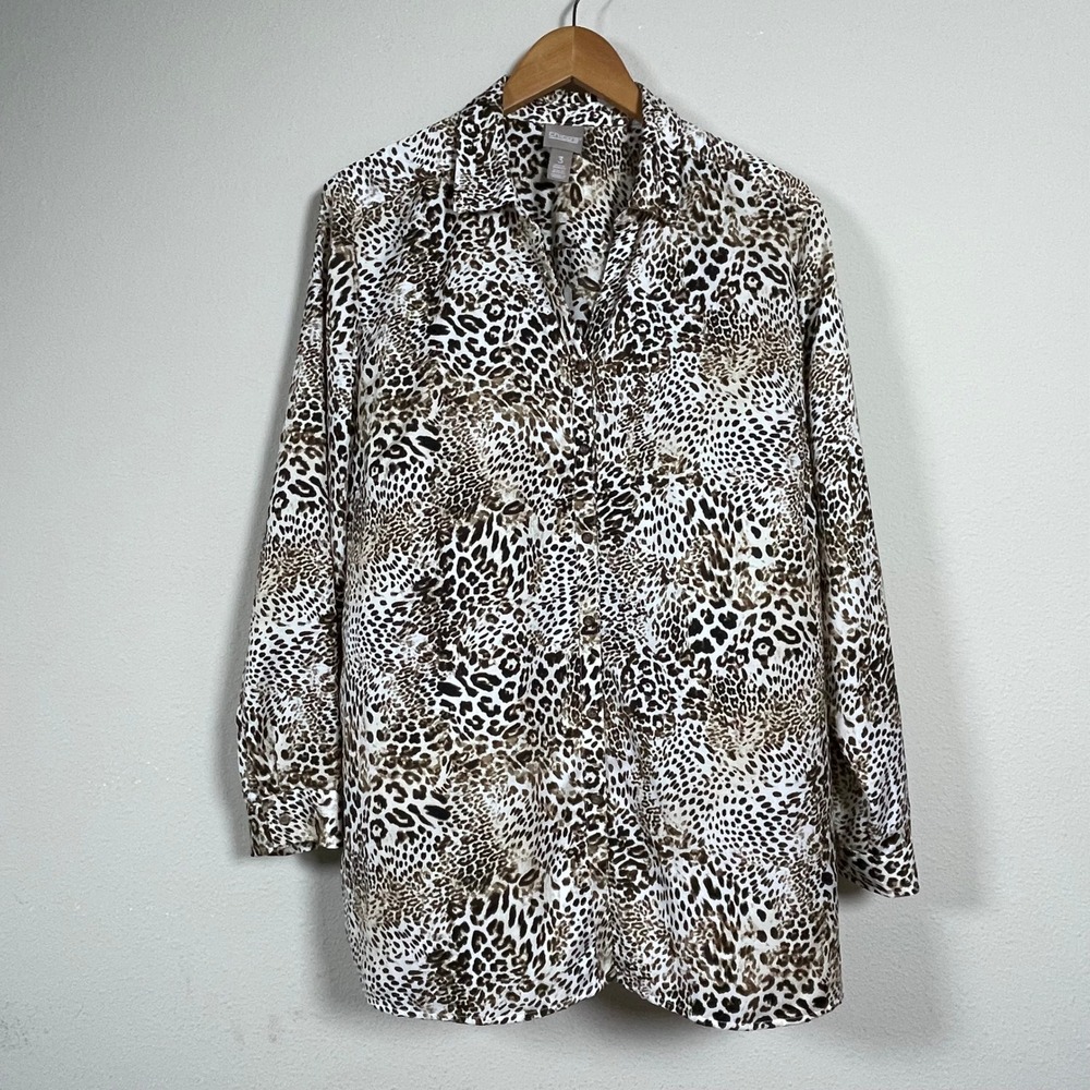 Chico's Button Down Shirt‎ Women Size 3 XL Brown Leopard Animal Print  Mob Wife